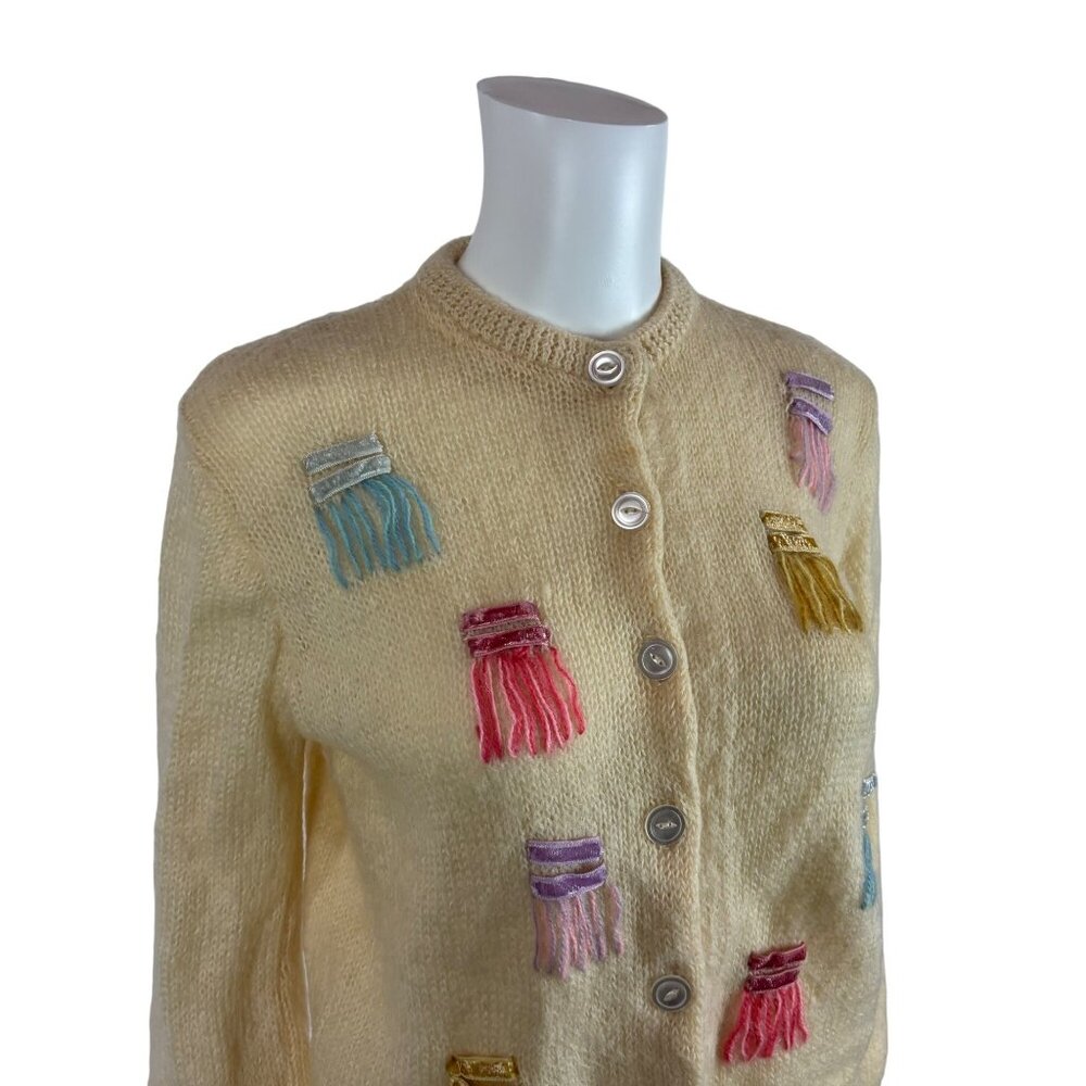 Vintage 60s Mohair Cardigan Women's Medium Pastel Yarn Details Wool Sweater - Picture 4 of 9